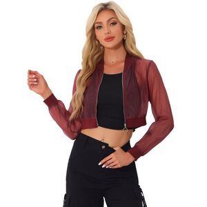 Bomber Jacket Long Sleeve Crop Mesh Sheer Jackets Burgundy